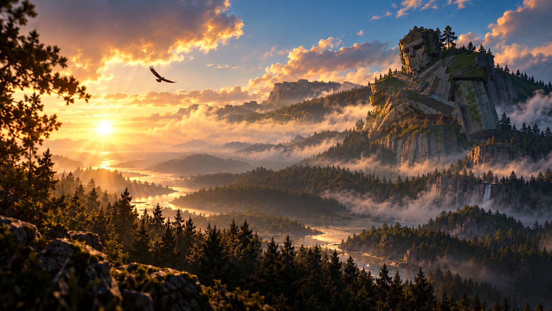 A stone face carved into a cliff at sunrise, over a misted river valley